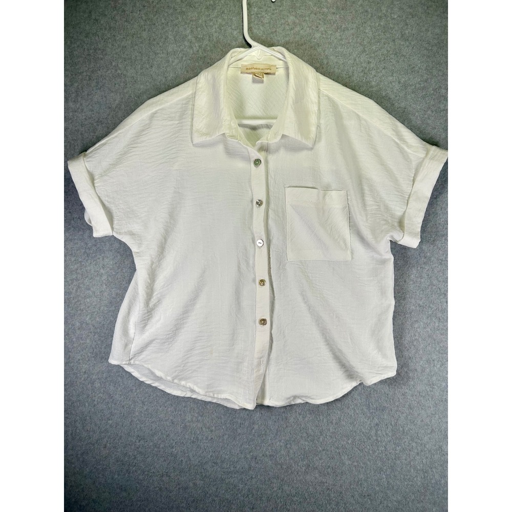 Stain*Monteau Los Angeles White Textured Short Sleeve Button Down Shirt Sz M
